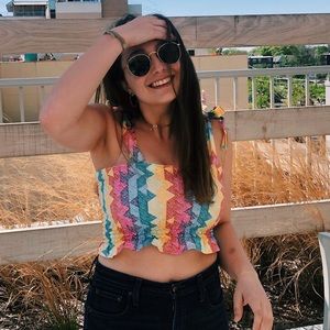 Tie Shoulder Rainbow Stretchy Crop Top!